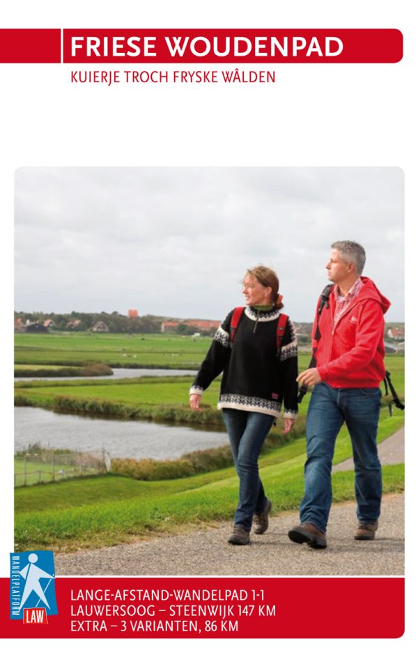 Cover van de wandelgids Friese Woudenpad met natuurfoto van bos, riviertje en wandelaar.