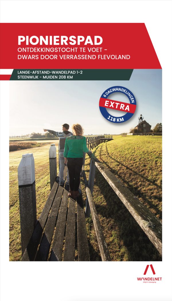 Wandelgids Pionierspad met foto van polderlandschap, natuurgebied en wandelpad in Flevoland, Lange-Afstand-Wandelpad door Nederland.