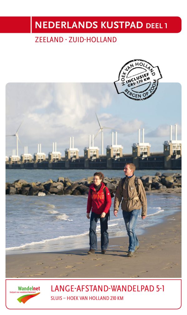 Wandelgids Nederlands Kustpad Deel 1 met afbeelding van duinen, kust, dijken en waterwerken langs het Lange-Afstand-Wandelpad van Sluis naar Hoek van Holland.
