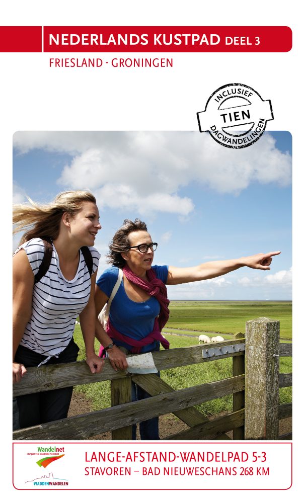 Wandelgids Nederlands Kustpad Deel 3 met afbeelding van Waddenlandschap, oude zeedijk en eindeloze vergezichten in Friesland en Groningen.