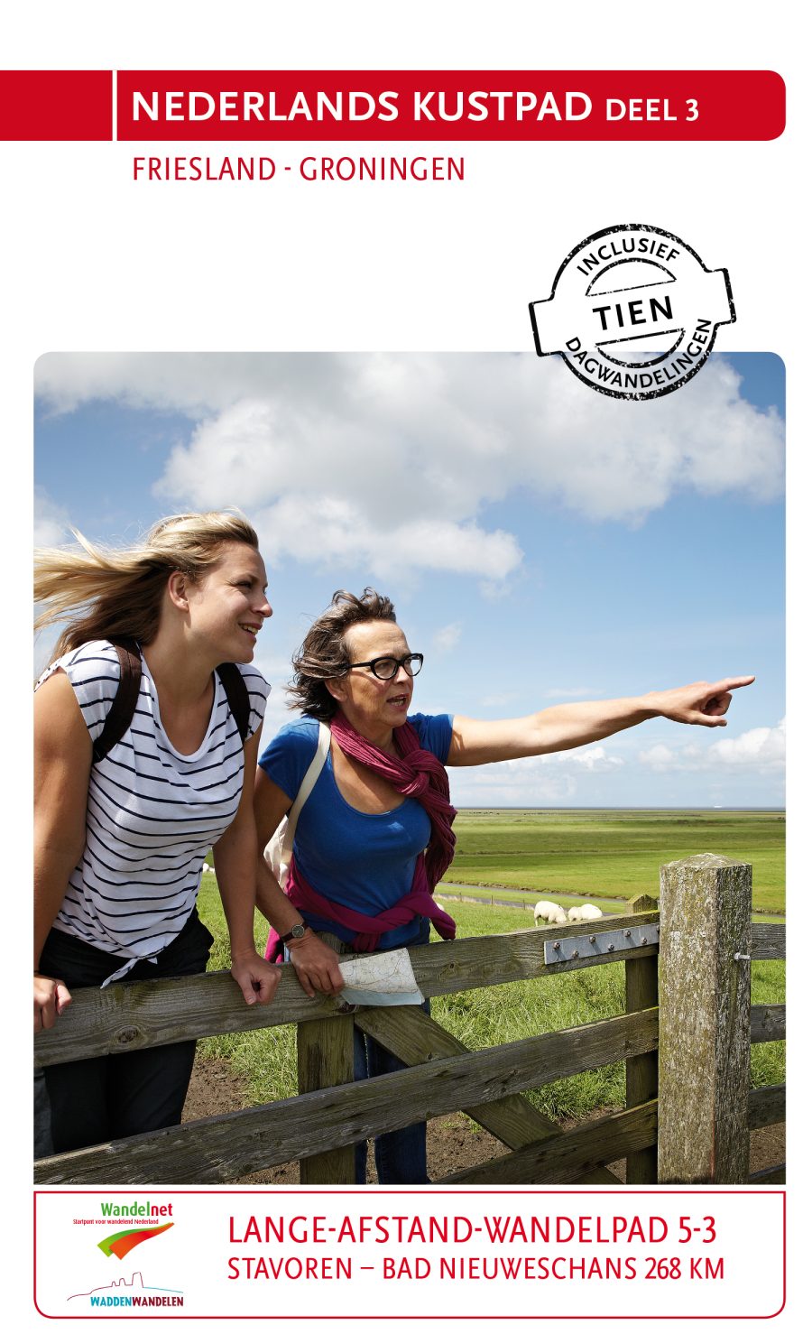 Wandelgids Nederlands Kustpad Deel 3 met afbeelding van Waddenlandschap, oude zeedijk en eindeloze vergezichten in Friesland en Groningen.