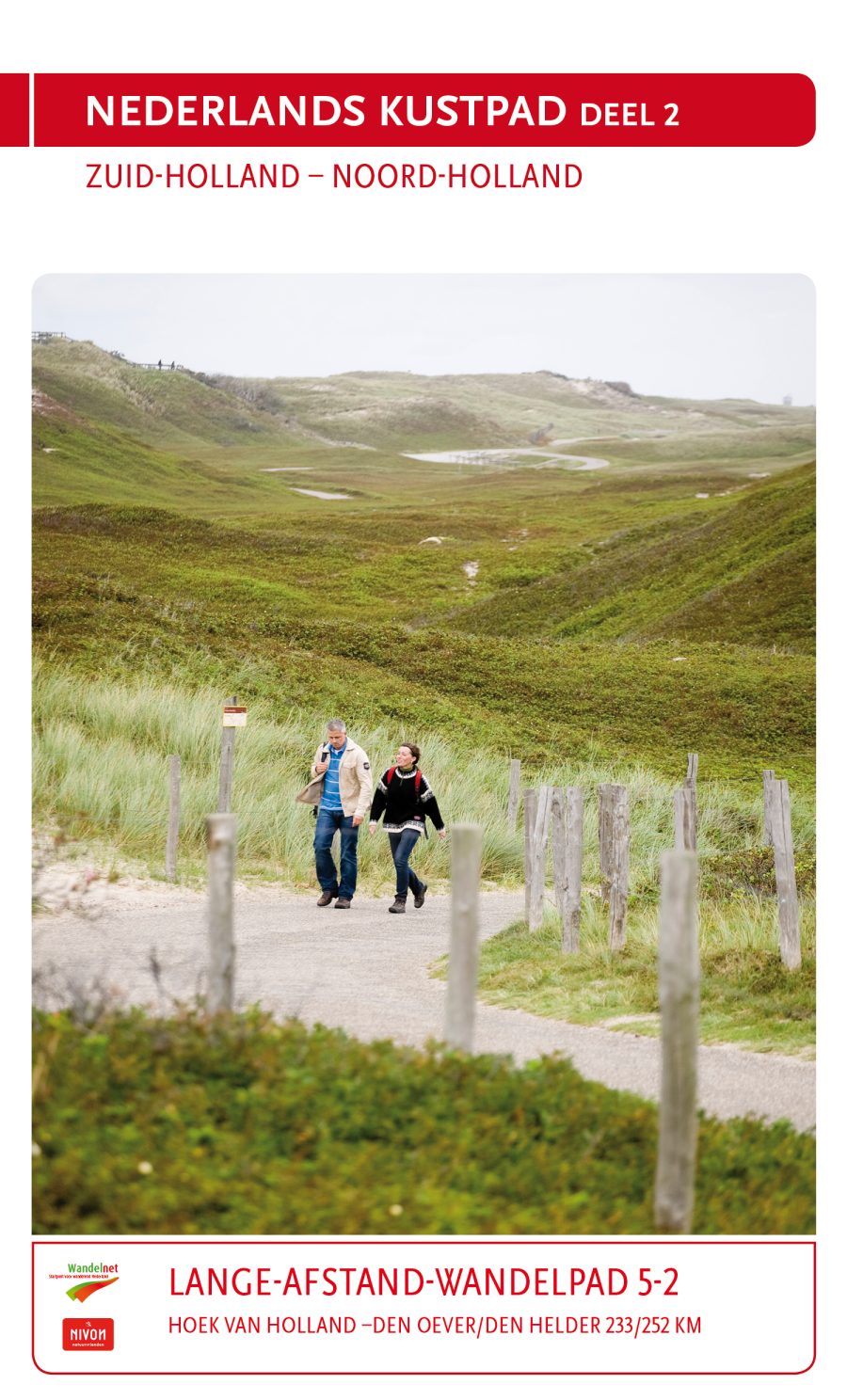 Wandelgids Nederlands Kustpad Deel 2 met afbeelding van duinpad, zeezicht en natuurgebied tussen Zuid-Holland en Noord-Holland.