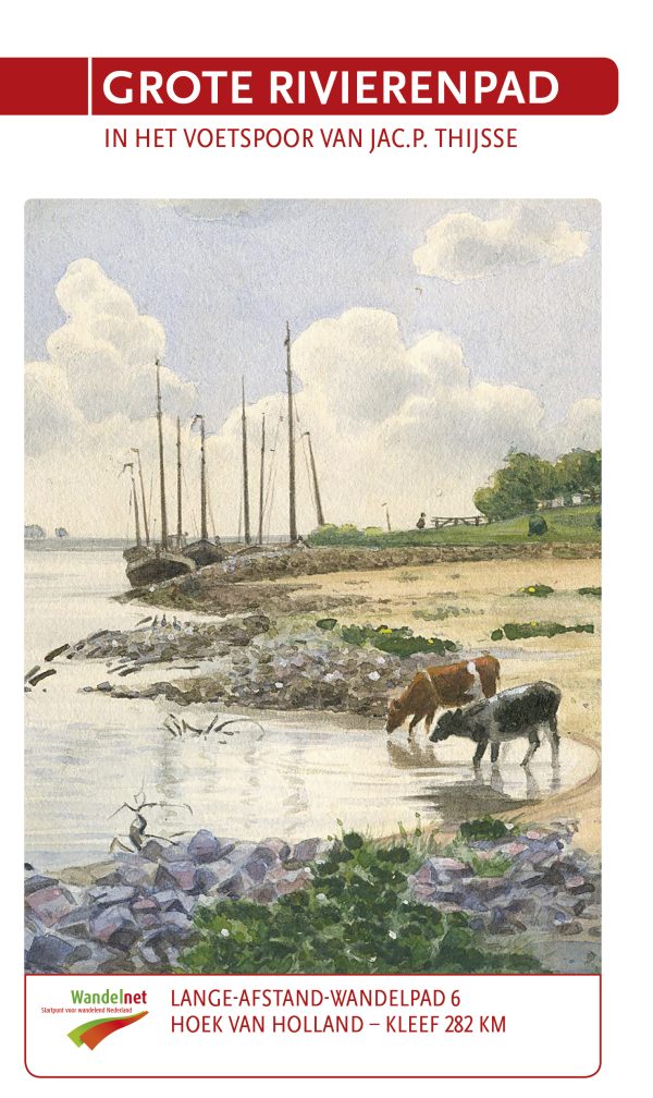 Wandelgids Grote Rivierenpad met afbeelding van uiterwaarden, rivierpad en wandelaar langs de Waal tussen Nederland en Duitsland.